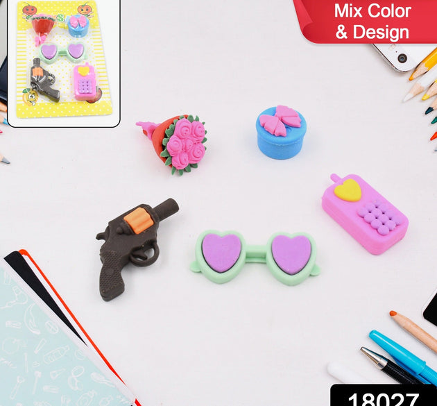 Mix Design 1 Set Fancy & Stylish Colorful Erasers for Children Different Designs & Mix, Eraser Set for Return Gift, Birthday Party, School Prize (1 Set)