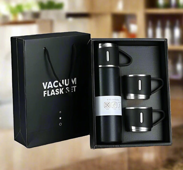 Stainless Steel Vacuum Flask Set with 3 Steel Cups Combo for Coffee Hot Drink and Cold Water Flask Ideal Gifting Travel Friendly Latest Flask Bottle. (500ml)