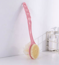 2-in-1 bath brush with long handle for easy use.