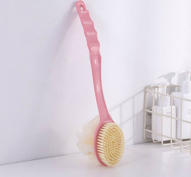 2-in-1 bath brush with long handle for easy use.