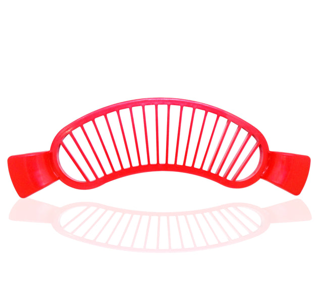 Plastic banana slicer with handle for easy slicing.