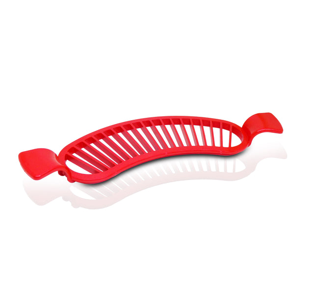 Plastic banana slicer with handle for easy slicing.