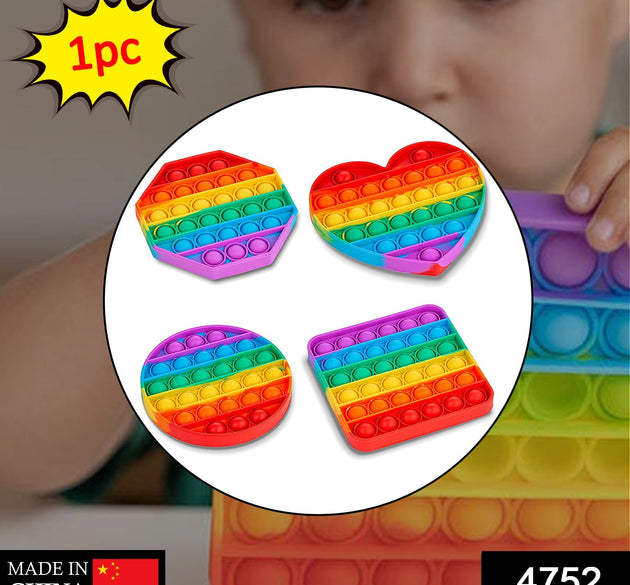 Rainbow colored fidget toy with a random shape, displaying its vibrant colors and design