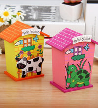 Wooden piggy bank with cute house shape