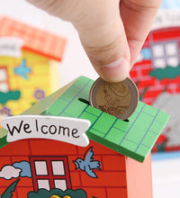 Cute wooden house piggy bank