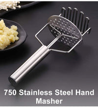 Hand masher for food preparation, made of stainless steel