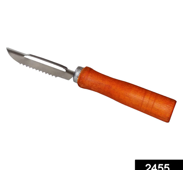 Stainless steel vegetable peeler with a wooden handle