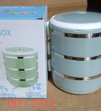 Multi-layer stainless steel lunch box with three sections.