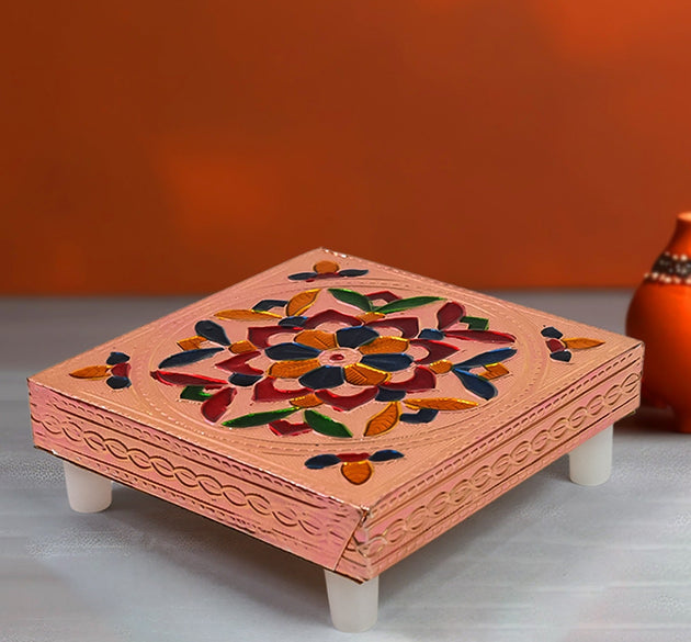 1 Pc Meenakari Wooden Chowki & Bajot Set: For Home & Office Puja (Multicolor)