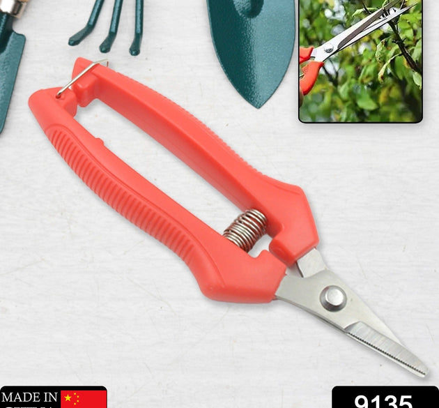 Heavy-duty stainless steel trimming scissors for gardening, designed for durability.