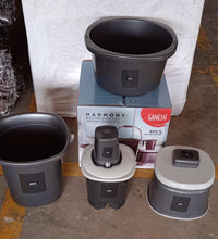 6-piece plastic bathroom accessories set with bucket, dustbin, mug, stool, soap case, and tub, different views.