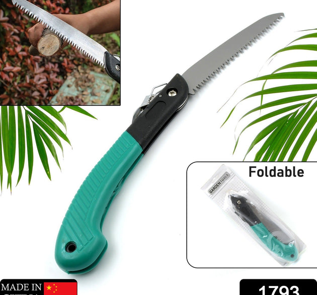 Folding handsaw for pruning, suitable for tree trimming, gardening, and cutting wood.