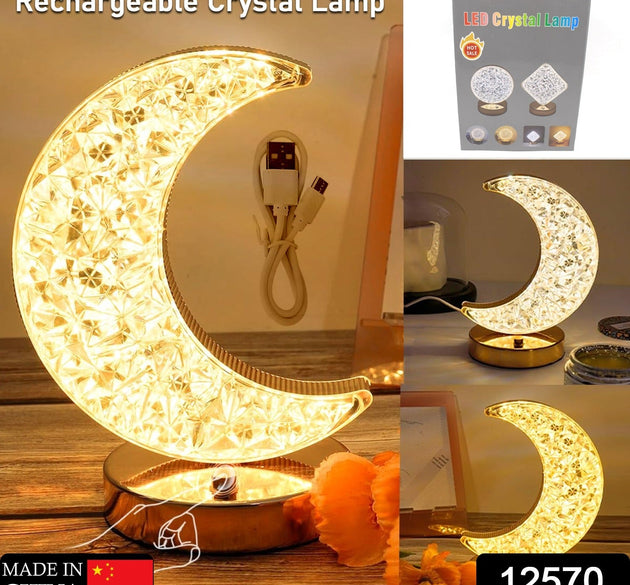 Crystal Table Lamp | Moon Shape Touch Control Lamp with 3 Color | Metal Bedside Lamp for Kids Bedroom Romantic Desktop Nightstand | Stepless Dimming USB Charging Touch Night Light