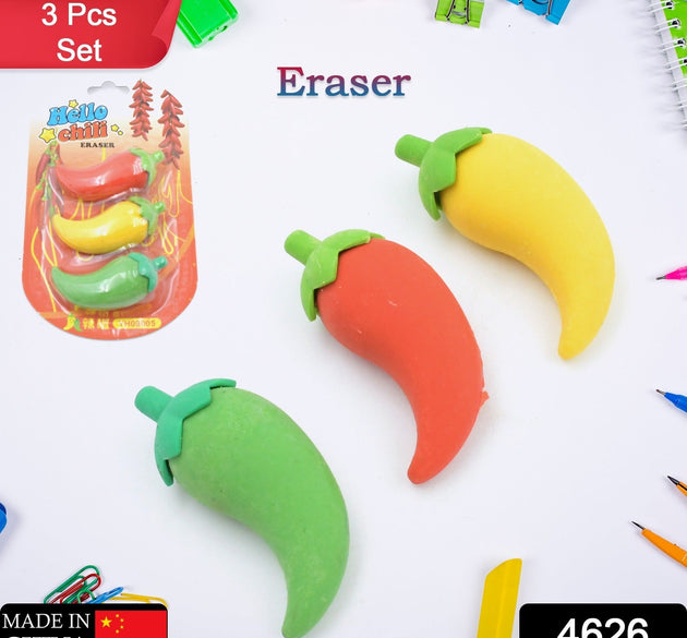 3D Fancy & Stylish Colorful Chili Shape Erasers, Mini Eraser Creative Cute Novelty Eraser for Children Eraser Set for Return Gift, Birthday Party, School Prize, (3 pc Set)