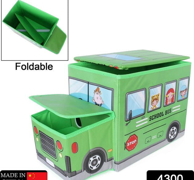 Foldable bus-shaped toy storage box with lid for kids' toys and books