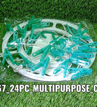 Multicolour round cloth drying stand with 24 plastic clips.