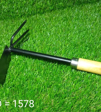 Complete view of double hoe gardening tool with wooden handle.