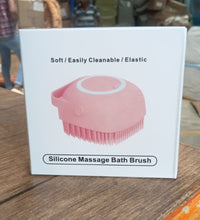 Massage bath body brush with silicone bristles and easy-to-use shampoo dispenser.