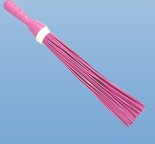 Plastic broom for wet and dry floor cleaning.