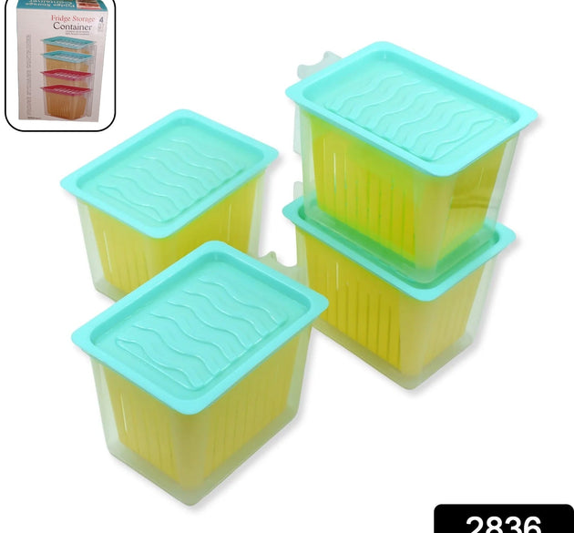 Set of 4 plastic fridge storage containers with handle for kitchen organization