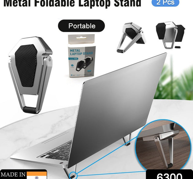 Metal folding stand, portable, compatible with laptops and tablets.