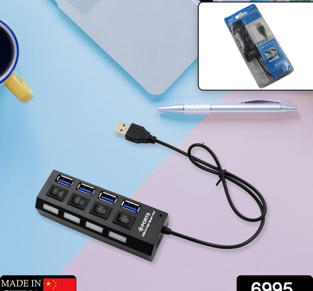 4-port USB hub with on/off switches and LED indicators