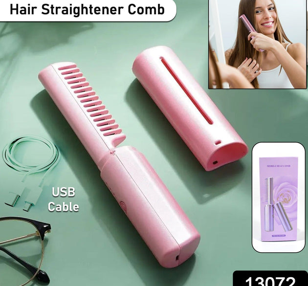 Rechargeable Mini Hair Straightener, Travel Portable USB Charging Cordless Hair Straightener Bursh, Three Temperature Adjustments Flat Iron Comb (1 Pc)