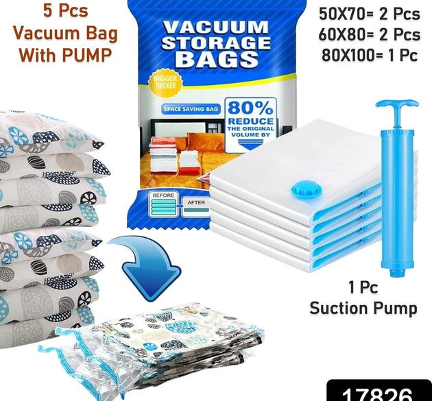 Vacuum Storage Bags with Suction Pump & Shirt clips - Vacuum Bags - Big Capacity Vacuum Seal Bags for Travel Clothes Blankets Pillows, Compression Bags | Space Saver Vacuum Storage Bags (5 Pcs Set)