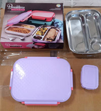 Kids lunch box, pink plastic, with steel plate, school use.