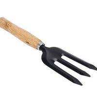 Steel weeding fork with black grip.