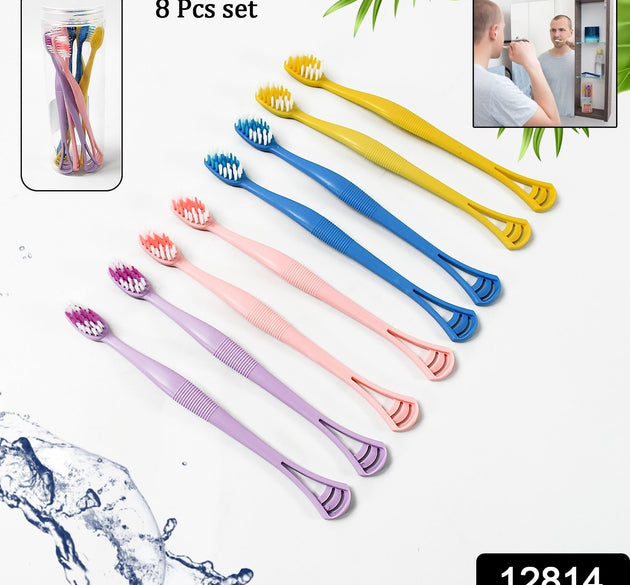 2-in-1 Tooth Brush with Tongue Scraper, Soft Bristle & Long Handle (8Pcs) Soft Toothbrush