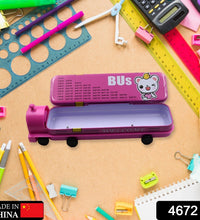 Metal bus compass pencil case with movable wheels.