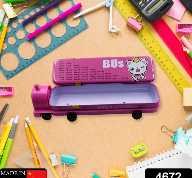 Double decker bus-shaped pencil case with sharpener.