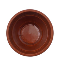 Side view of 8-inch brown plastic garden pot