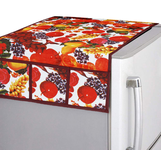 Decorative PVC fridge top cover with a fruit design in white and maroon.