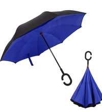 Plain design reverse umbrella with a windproof structure and C-shaped handle.