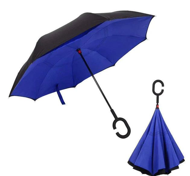 Plain design reverse umbrella with a windproof structure and C-shaped handle.