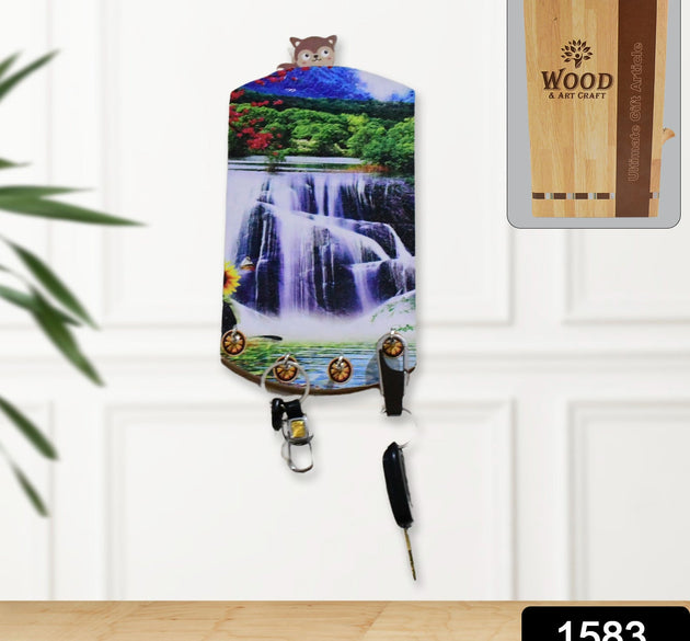 Wooden vertical scenery art with hooks for wall hanging.