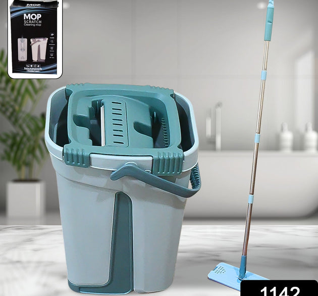 Scratch cleaning mop with self-cleaning feature and hands-free use.